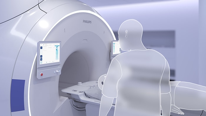 Photo d’un écran tactile de système IRM pour l’installation guidée pour l’examen
