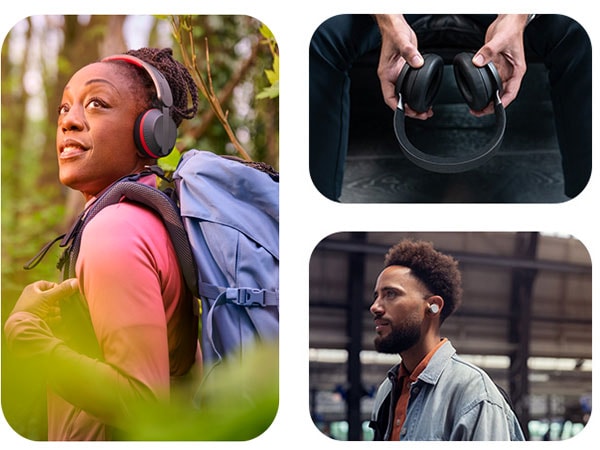 Trois images montrant des personnes utilisant différents types d’écouteurs Philips, incluant des circum-auriculaires et des écouteurs, dans divers environnements