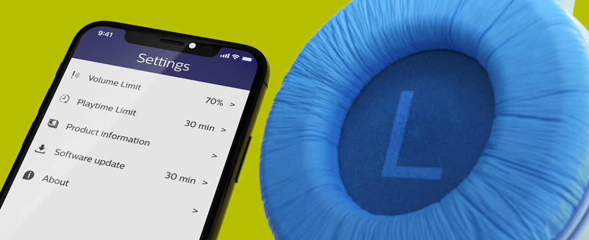 Image montrant l'application Philips Headphones utilisée pour limiter le volume et le temps de jeu.