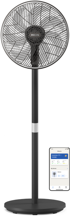 Un ventilateur sur pied Philips à côté des mini-icônes de l'application Philips Air+, sur un fond bleu clair.