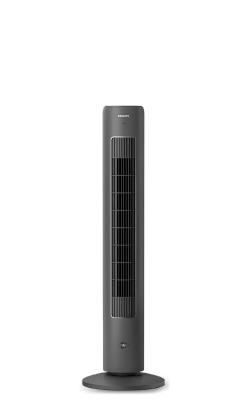 Un grand ventilateur colonne noir Philips série 5000 avec un bouton d'aromathérapie en façade