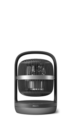Un petit ventilateur de table noir Philips série 3000 avec oscillation automatique.
