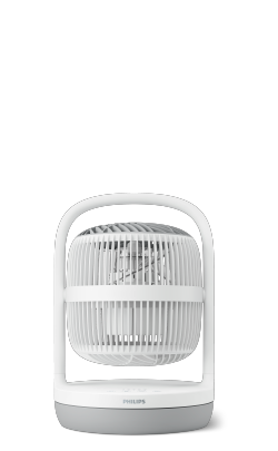 Un petit ventilateur de table Philips série 3000 avec extérieur blanc et base grise.