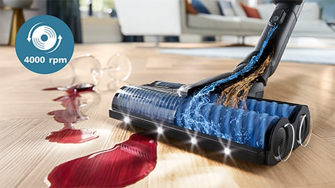 Le Philips AquaTrio sans fil Vacuum & Wash série 9000 nettoie avec ses brosses ultra-rapides brevetées