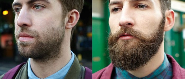 Plan d’un visage d’homme avec une barbe de 3 jours à côté d’un autre homme avec une barbe complète.
