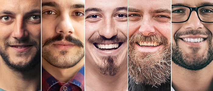 Collage de sept portraits d’hommes avec différents styles de barbe qui regardent et sourient devant l’objectif.