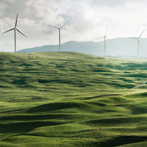 Centrale éolienne sur des collines, symbolisant les énergies renouvelables et le développement durable en entreprise.